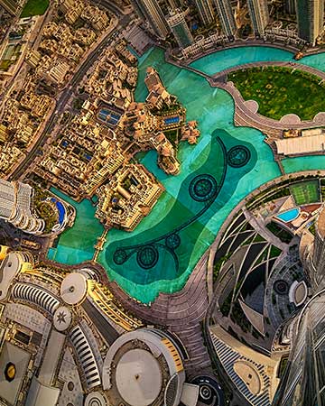 Dubai UAE aerial rooftop view from Burj Khalifa at night